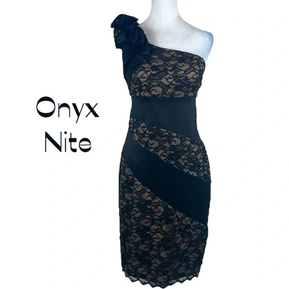 Onyx Nite | Dresses | Onyx Nite Black Lace Rosette One Shoulder Party Event  Dress Nwt Size 4 | Poshmark